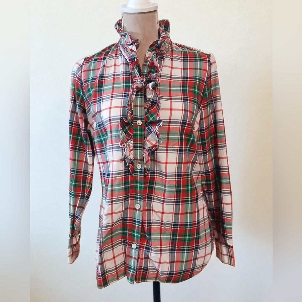 Vineyard Vines Ruffle Womans Flannel Blouse Size 4 Holiday Christmas Button Down